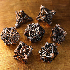 Bronze Metal Hollow Wind Chime Dice Set – Iris Flower Design D&D Polyhedral Dice