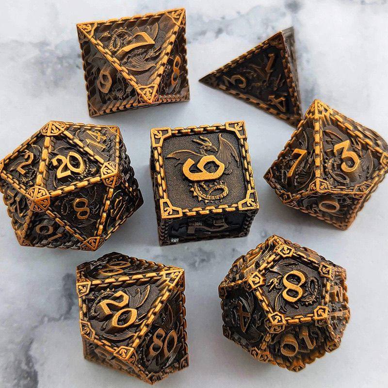 Solid Metal Dragon Dice – COC DND D20 TRPG Polyhedral Dice with Engraved Dragon Design