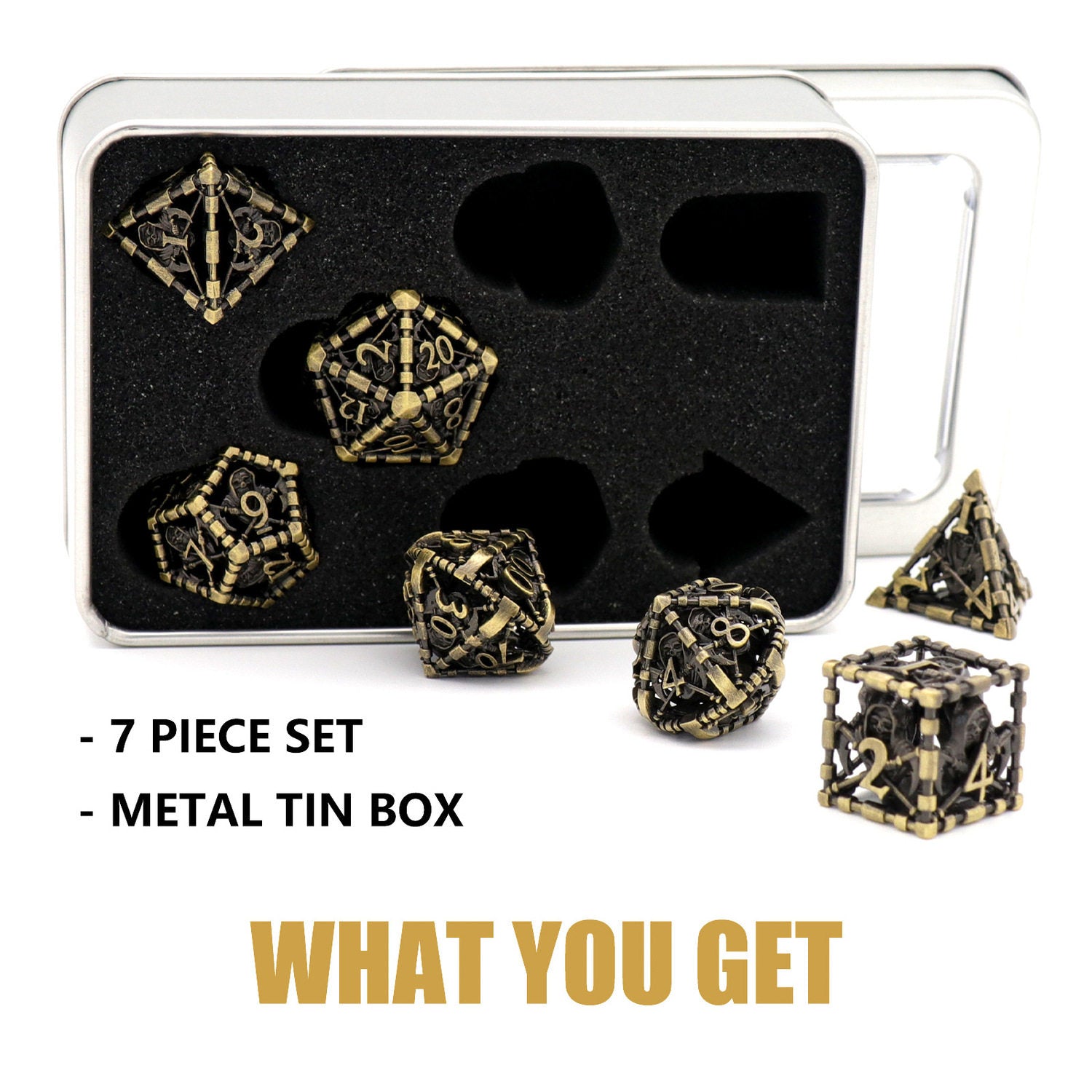 Metal Hollow Polyhedral Dice – Grim Reaper Scythe Design for DND, COC, Tabletop RPG