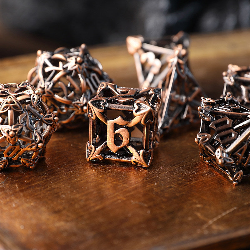 Bronze Metal Hollow Wind Chime Dice Set – Iris Flower Design D&D Polyhedral Dice
