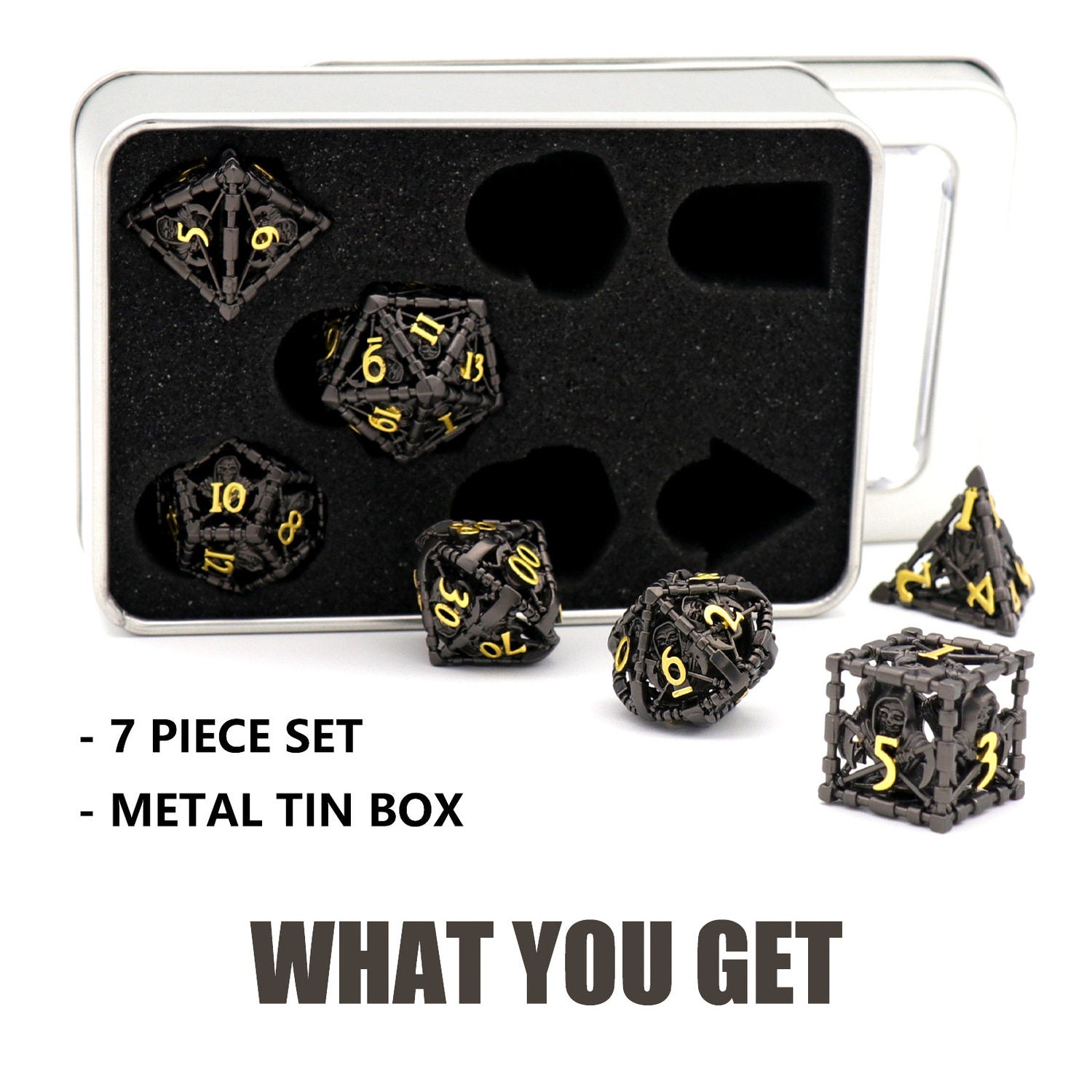 Metal Hollow Polyhedral Dice – Grim Reaper Scythe Design for DND, COC, Tabletop RPG