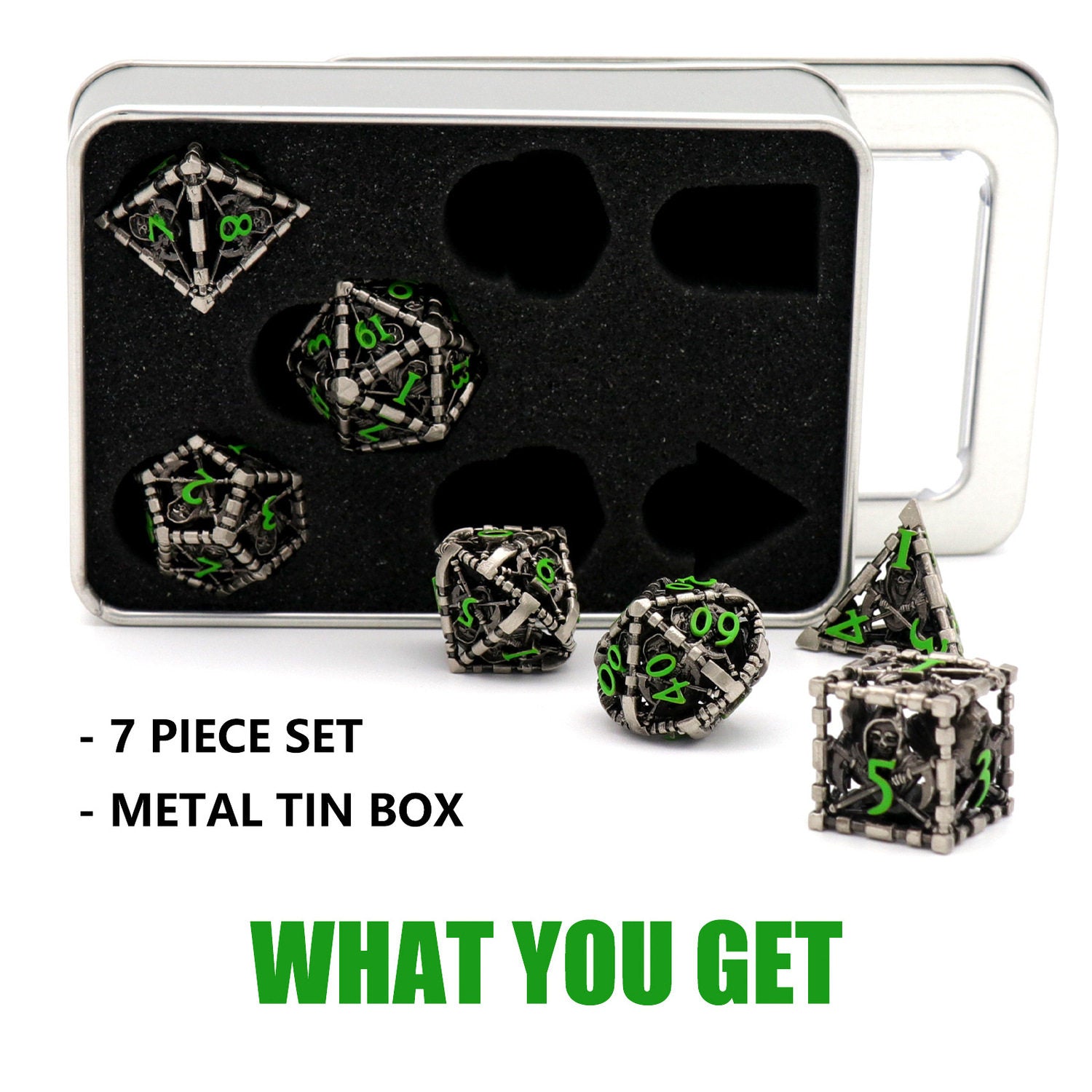 Metal Hollow Polyhedral Dice – Grim Reaper Scythe Design for DND, COC, Tabletop RPG