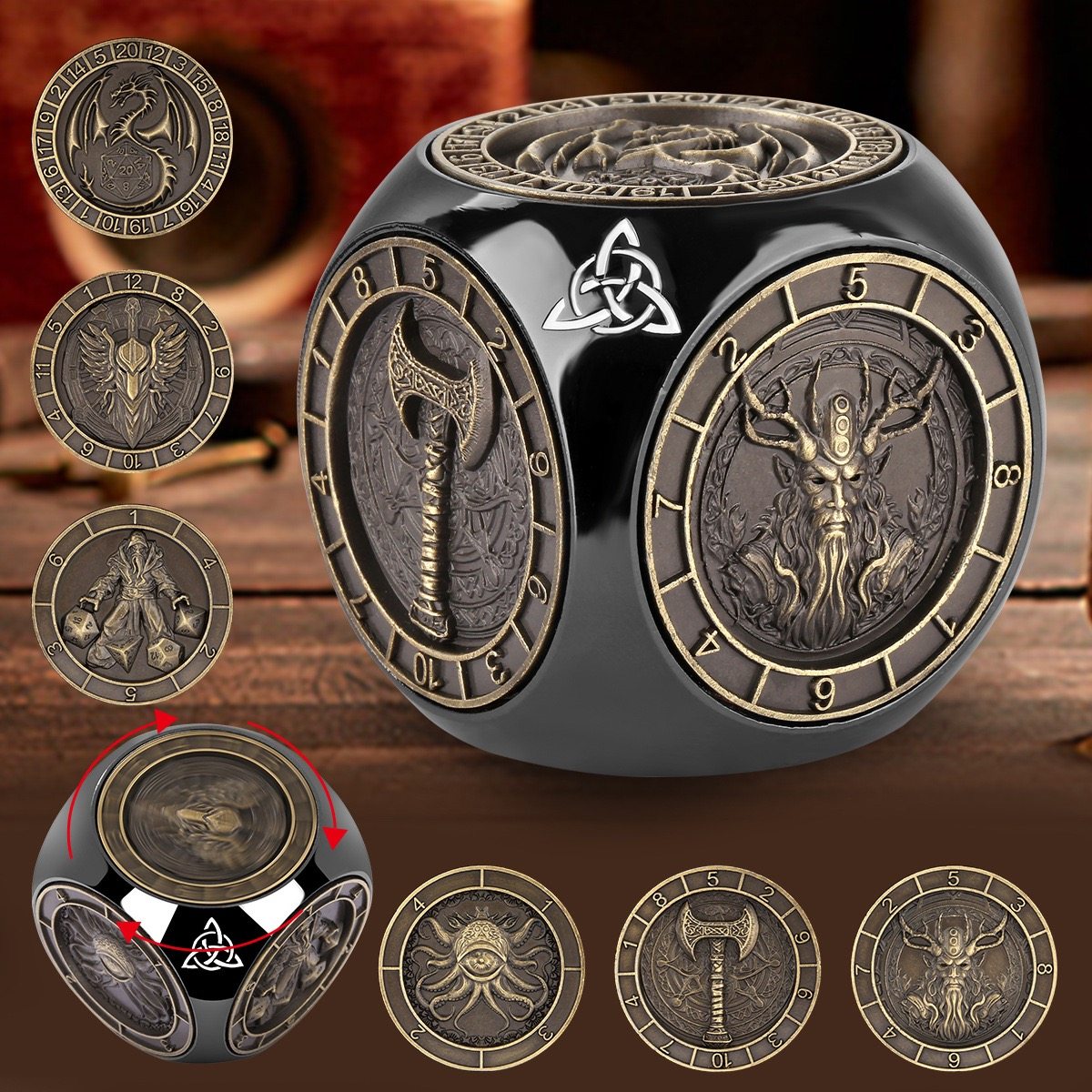 Glossy Black Cube Dice - Metal 7-in-1 Rotating Dice Set , DND TRPG Polyhedral Dice