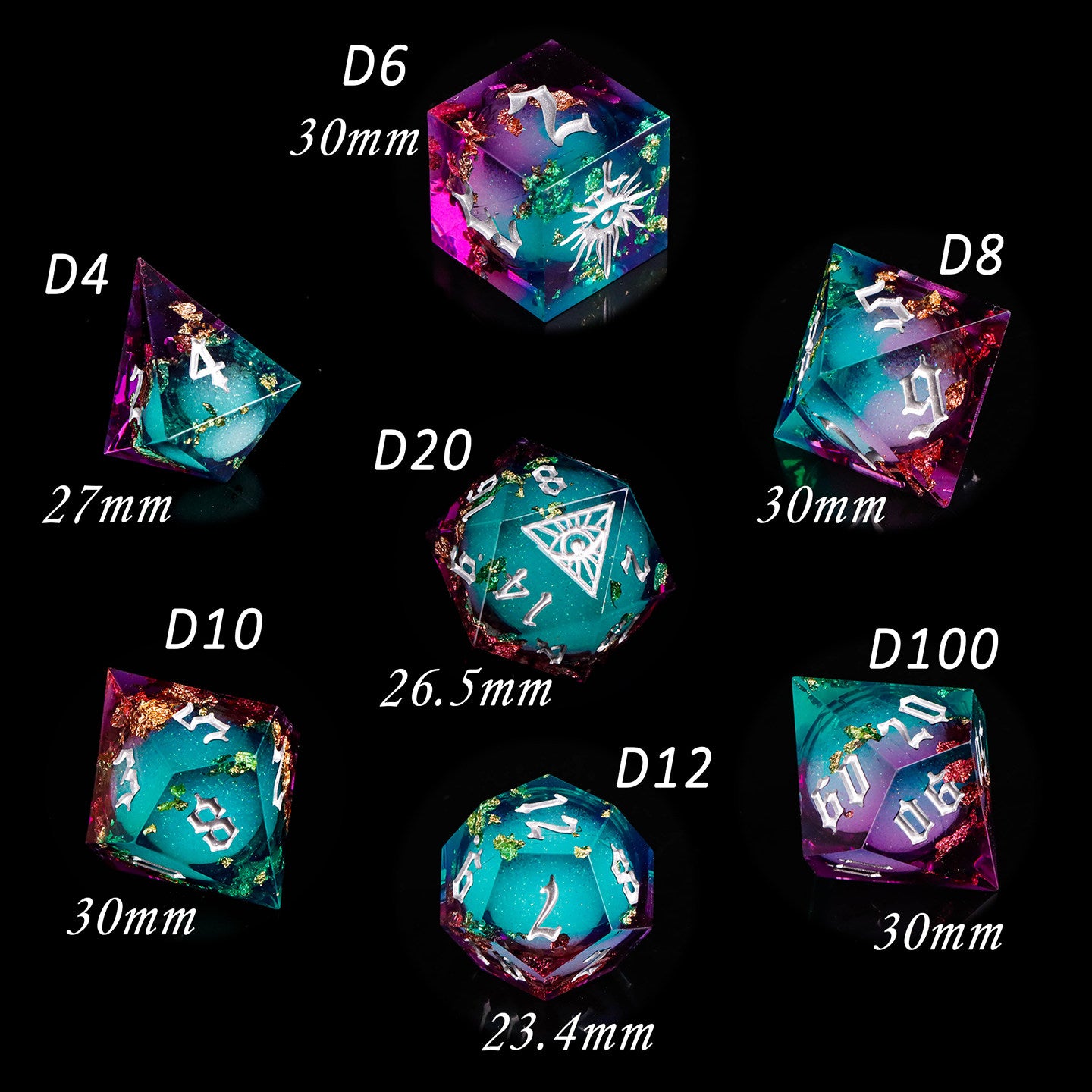 Demon Eye Flowing Sand Dice for COC, DND & Baldur’s Gate 3 Resin TRPG Dice