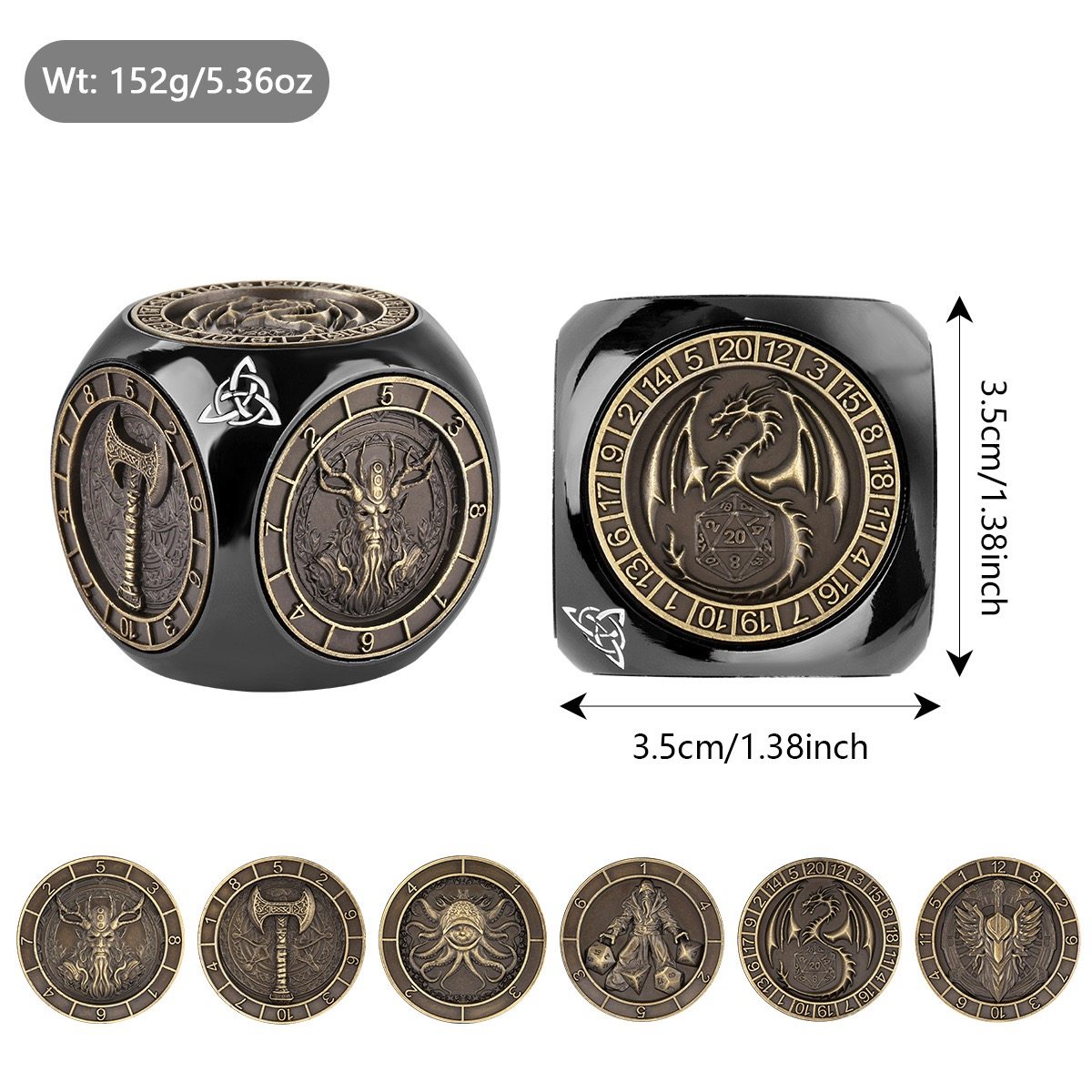 Glossy Black Cube Dice - Metal 7-in-1 Rotating Dice Set , DND TRPG Polyhedral Dice