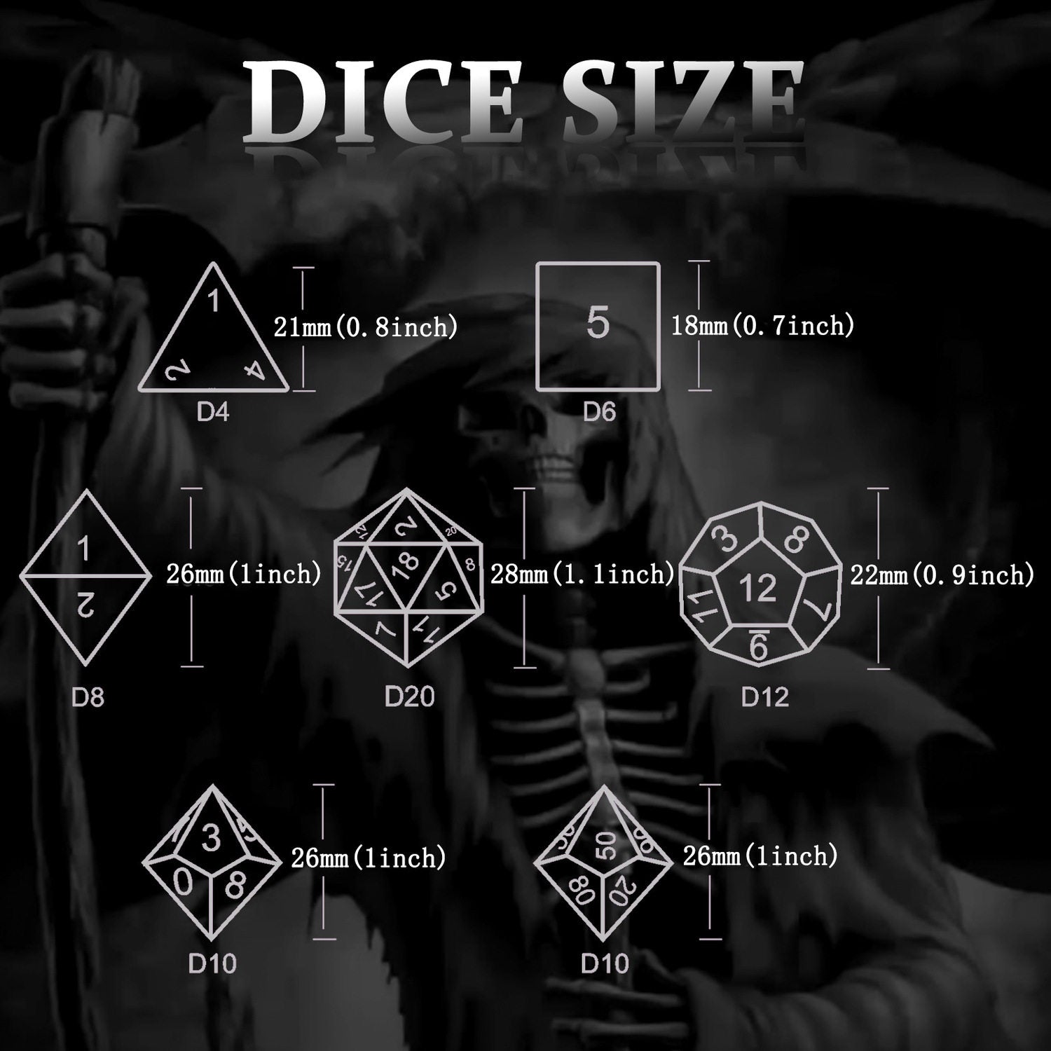 Metal Hollow Polyhedral Dice – Grim Reaper Scythe Design for DND, COC, Tabletop RPG