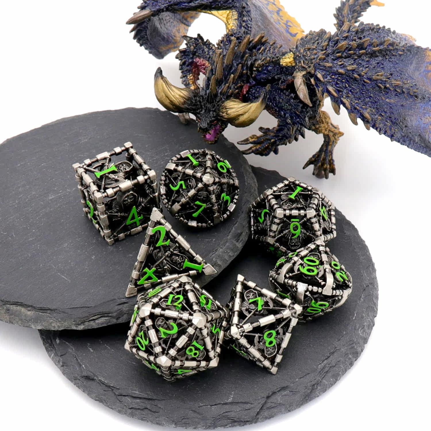 Metal Hollow Polyhedral Dice – Grim Reaper Scythe Design for DND, COC, Tabletop RPG