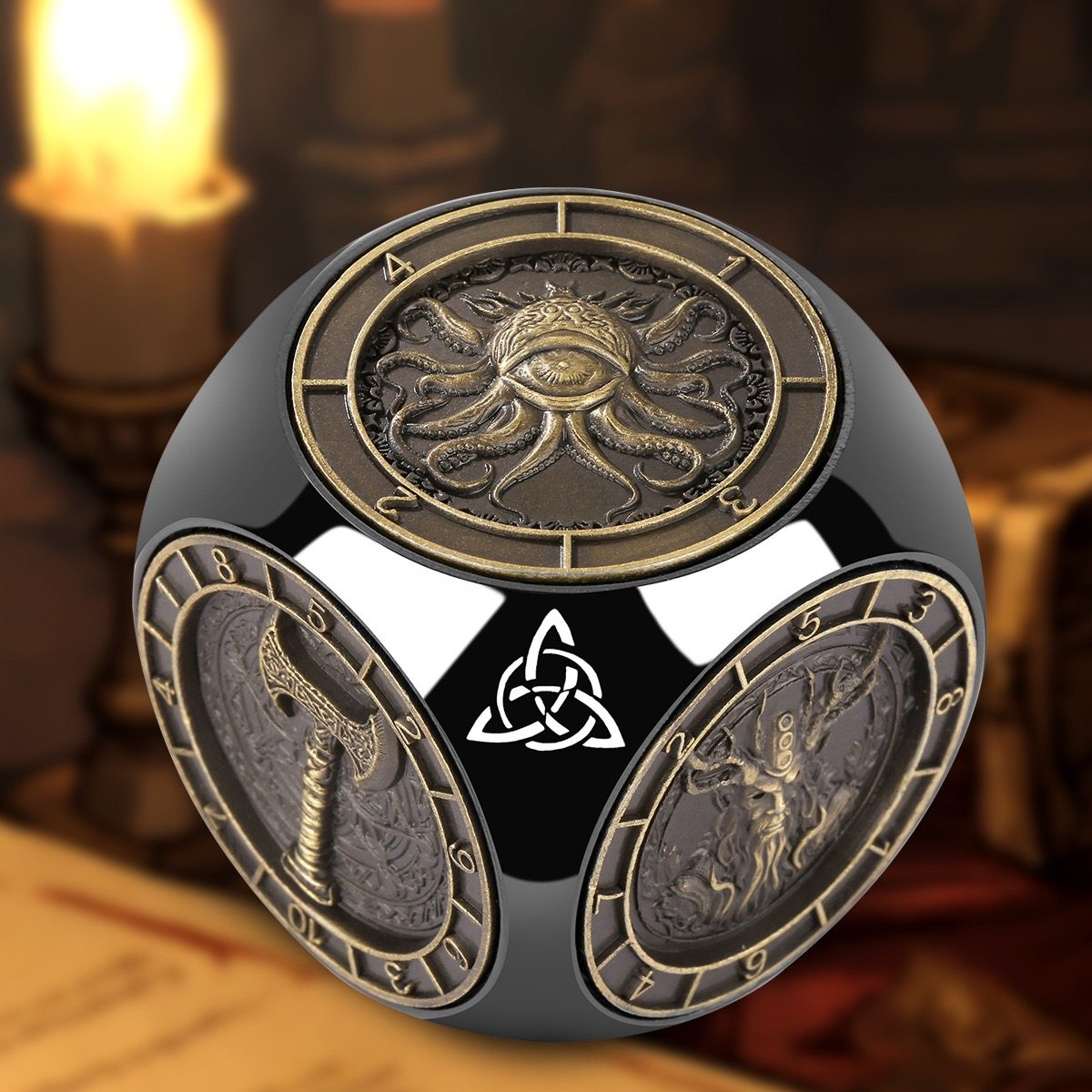 Glossy Black Cube Dice - Metal 7-in-1 Rotating Dice Set , DND TRPG Polyhedral Dice