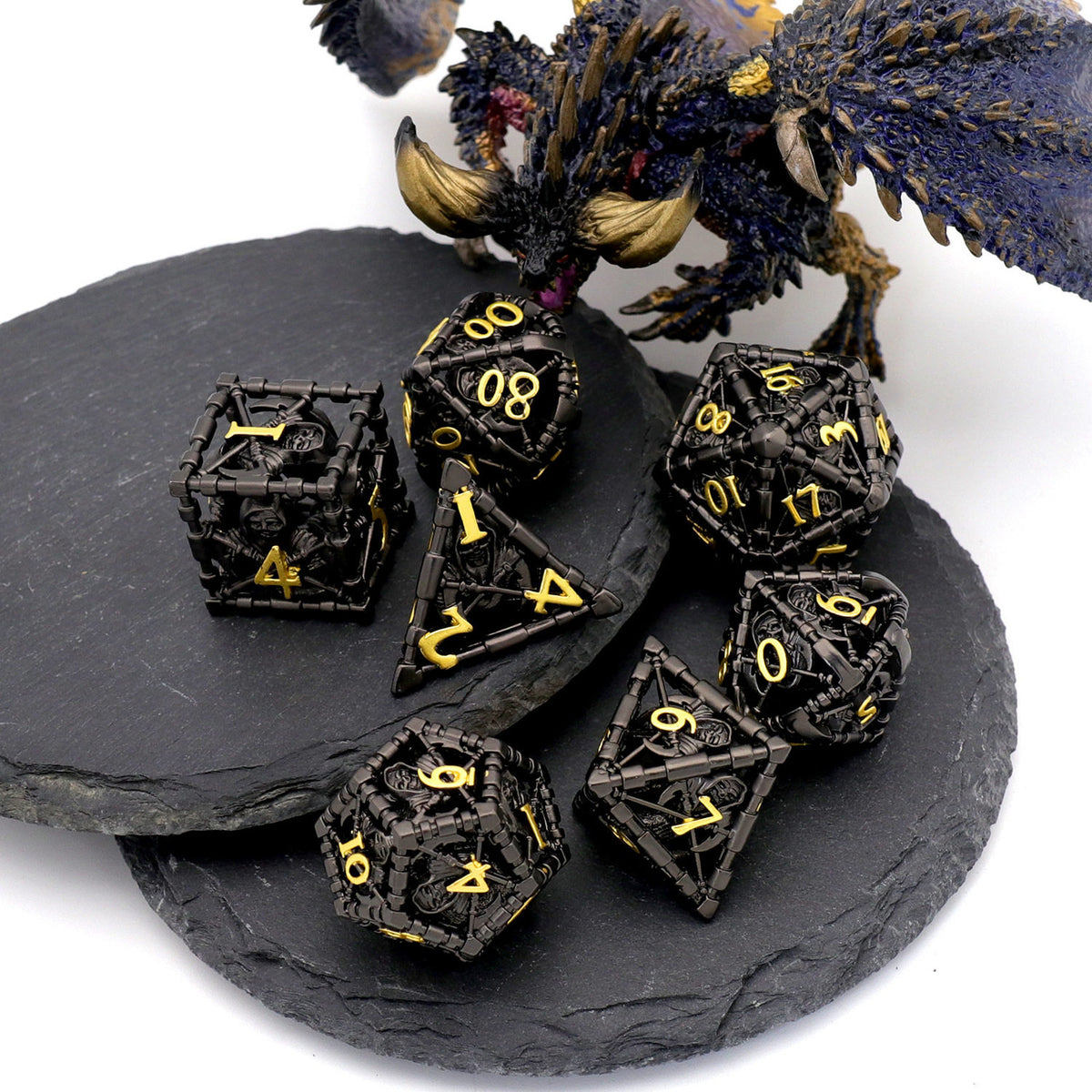 Metal Hollow Polyhedral Dice – Grim Reaper Scythe Design for DND, COC, Tabletop RPG