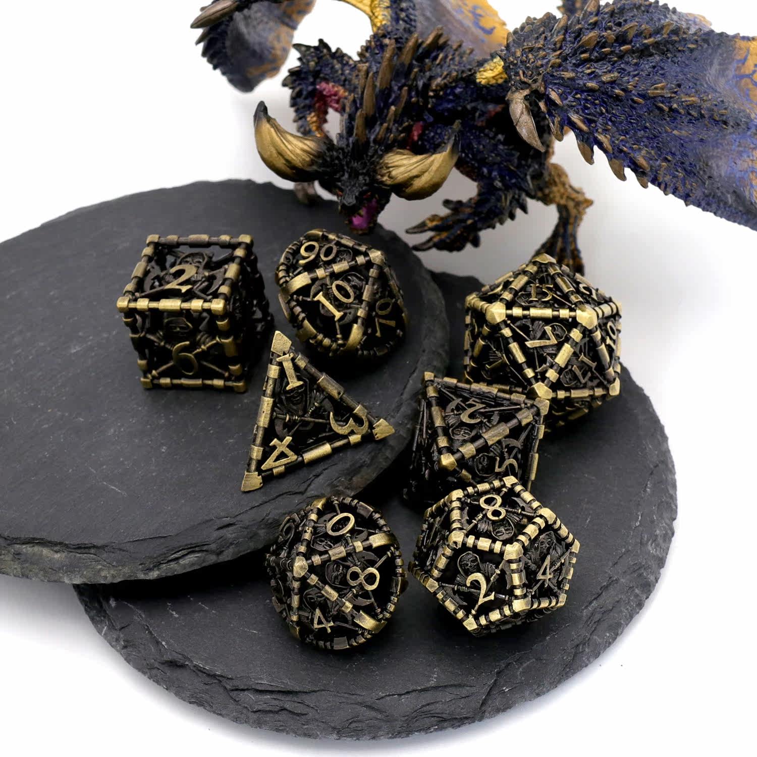 Metal Hollow Polyhedral Dice – Grim Reaper Scythe Design for DND, COC, Tabletop RPG