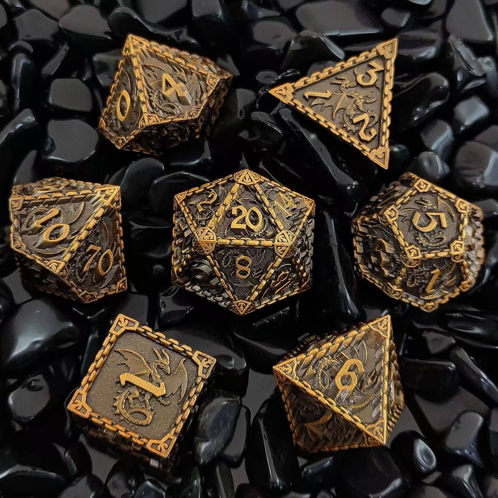 Solid Metal Dragon Dice – COC DND D20 TRPG Polyhedral Dice with Engraved Dragon Design