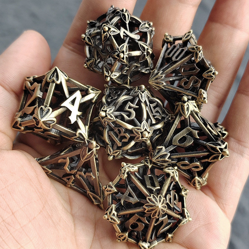 Bronze Metal Hollow Wind Chime Dice Set – Iris Flower Design D&D Polyhedral Dice