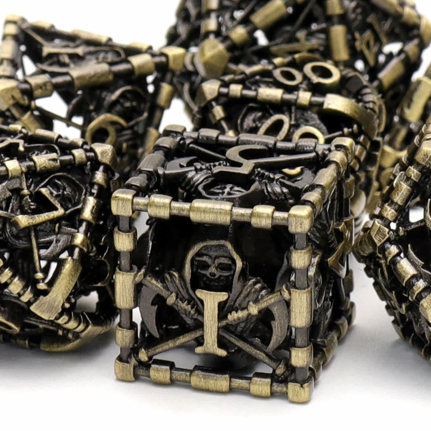 Metal Hollow Polyhedral Dice – Grim Reaper Scythe Design for DND, COC, Tabletop RPG