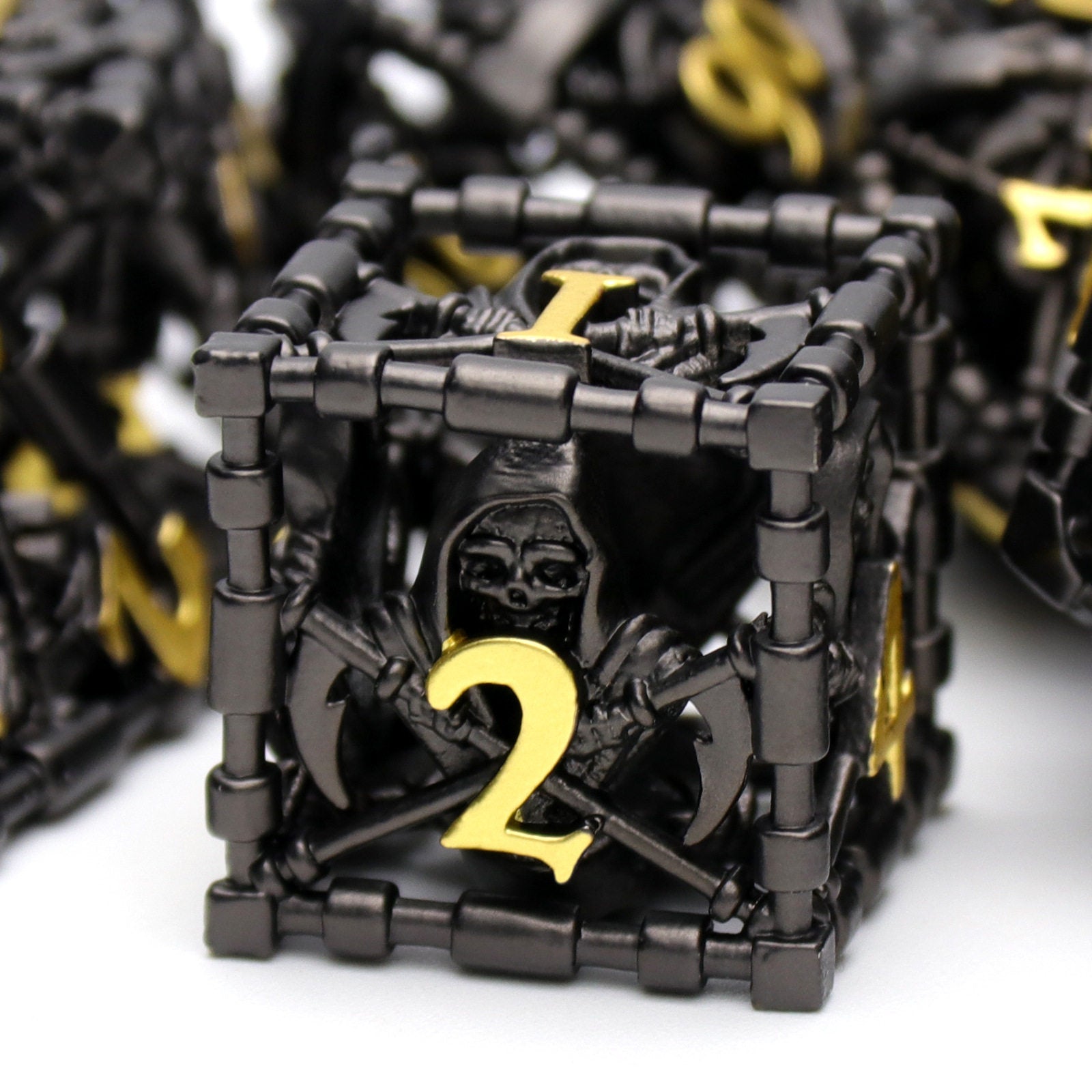 Metal Hollow Polyhedral Dice – Grim Reaper Scythe Design for DND, COC, Tabletop RPG