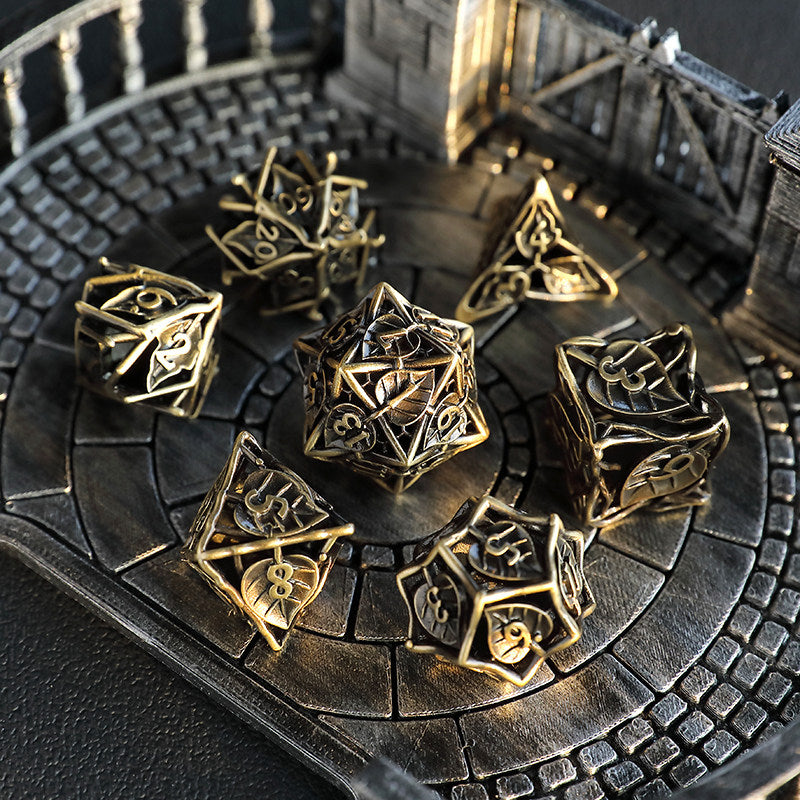 Bronze Metal Hollow Wind Chime Dice Set – Iris Flower Design D&D Polyhedral Dice