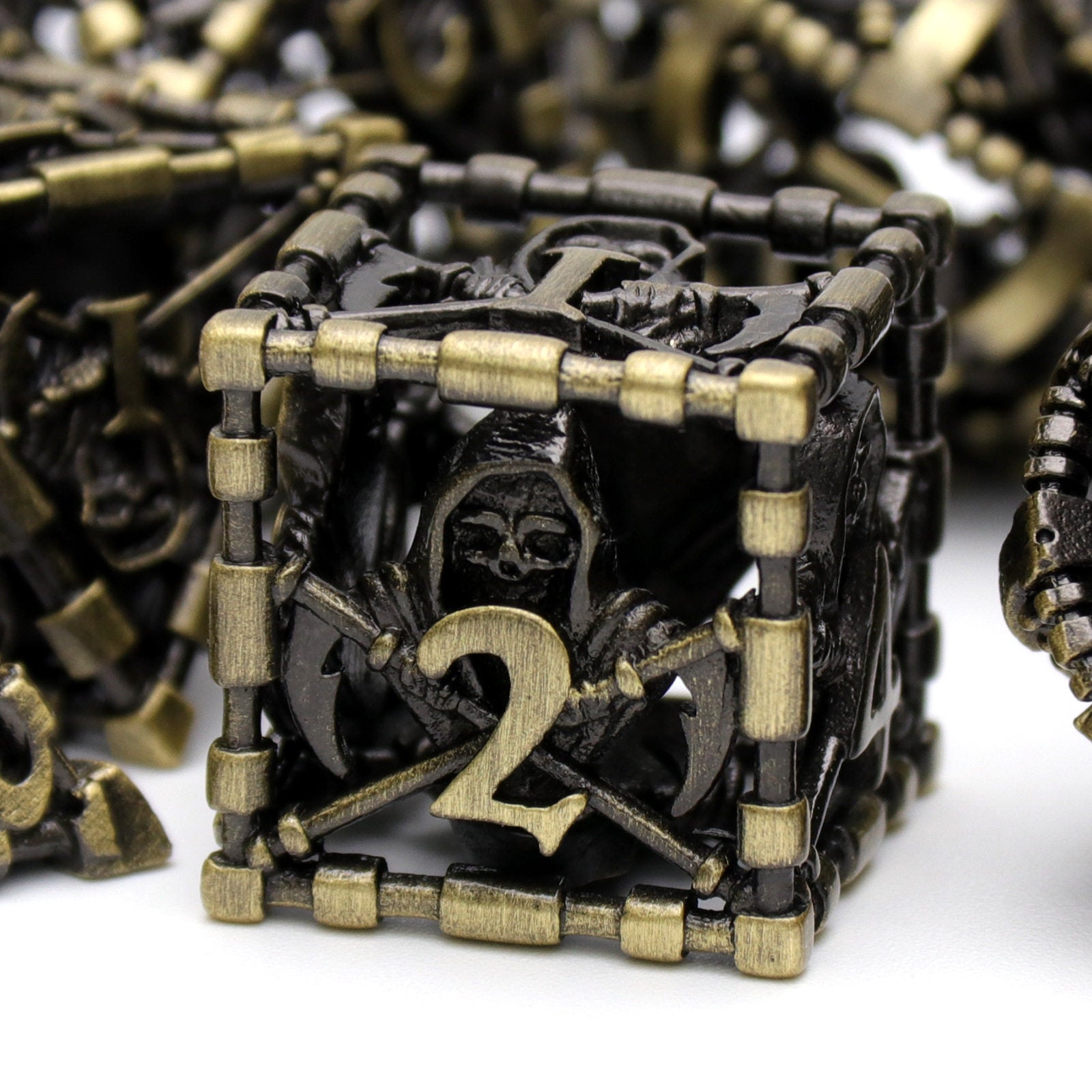 Metal Hollow Polyhedral Dice – Grim Reaper Scythe Design for DND, COC, Tabletop RPG