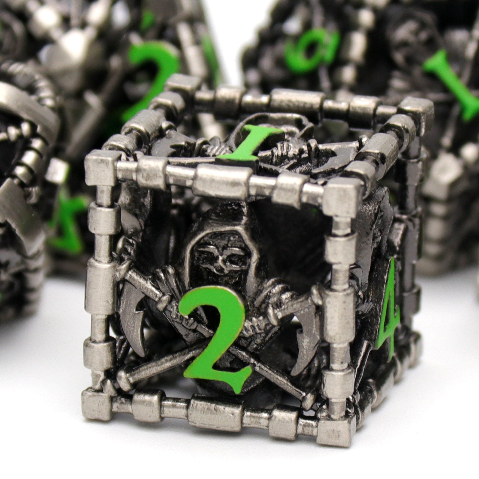 Metal Hollow Polyhedral Dice – Grim Reaper Scythe Design for DND, COC, Tabletop RPG