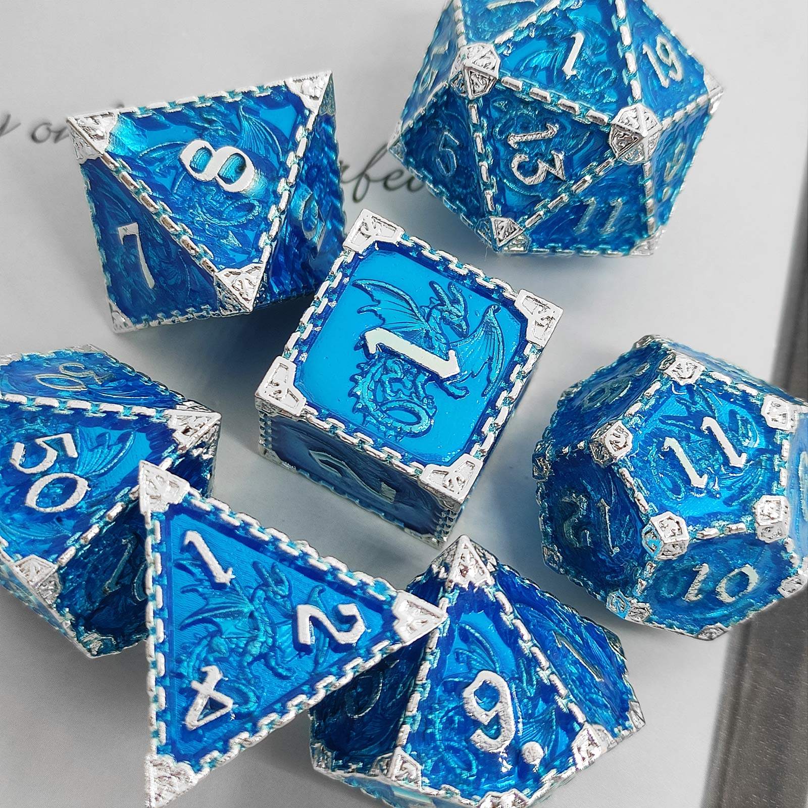 Solid Metal RPG Dice Set – Dragon Themed COC TRPG DND Polyhedral Dice