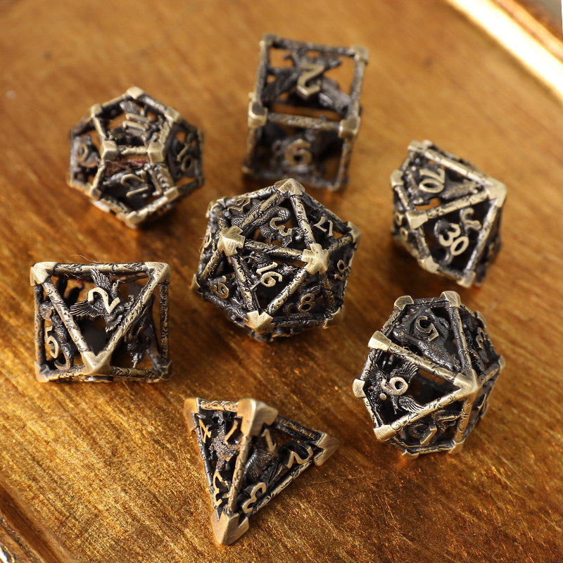 Bronze Hollow 3D Dragon Dice Set – Metal DND Dice for Tabletop RPG