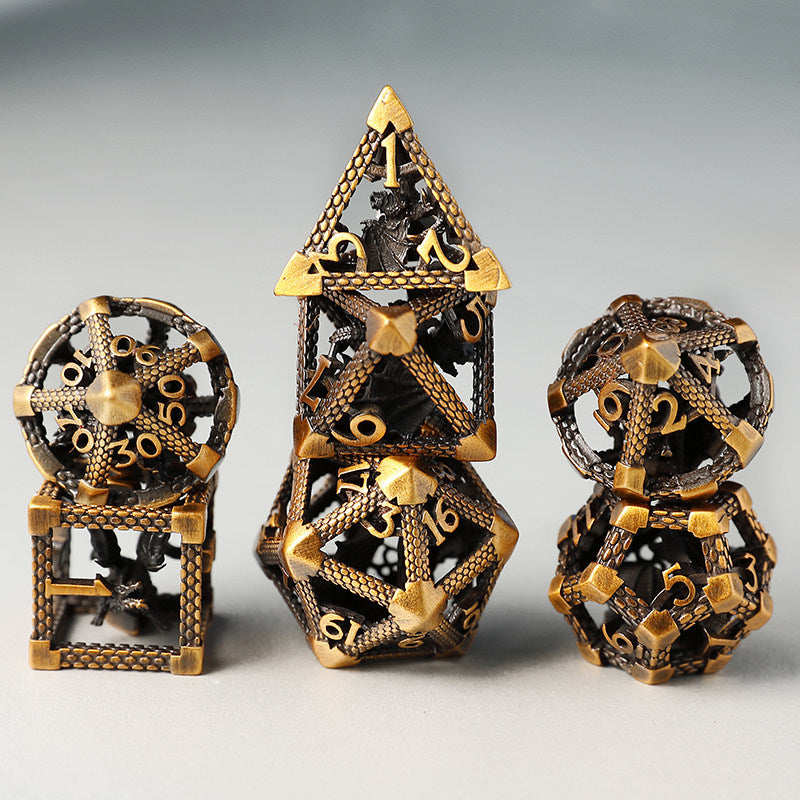 Bronze Hollow 3D Dragon Dice Set – Metal DND Dice for Tabletop RPG
