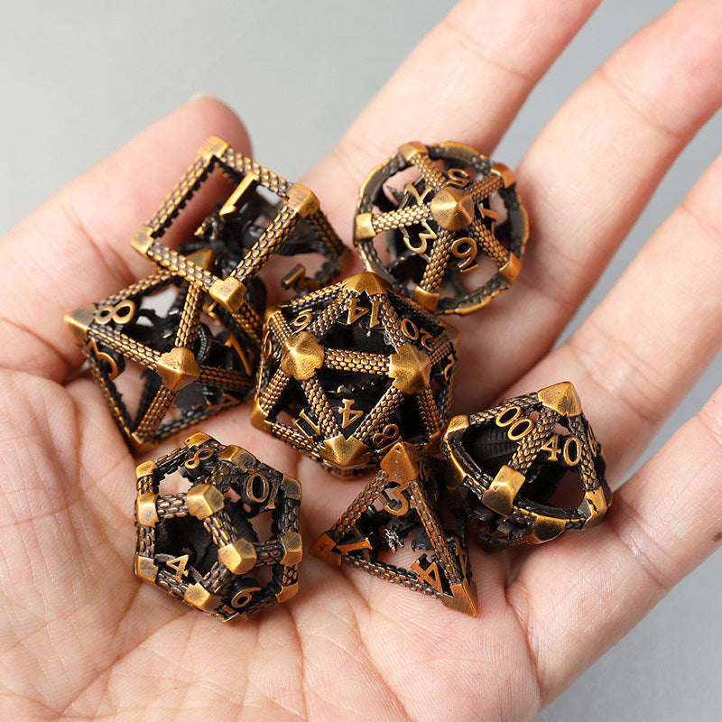 Bronze Hollow 3D Dragon Dice Set – Metal DND Dice for Tabletop RPG