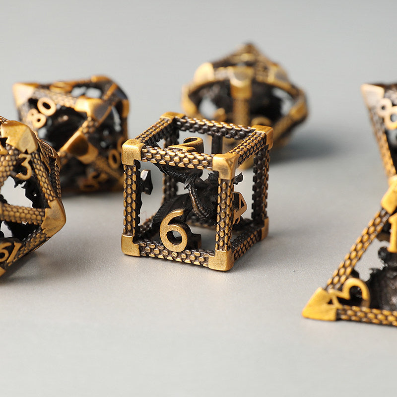 Bronze Hollow 3D Dragon Dice Set – Metal DND Dice for Tabletop RPG