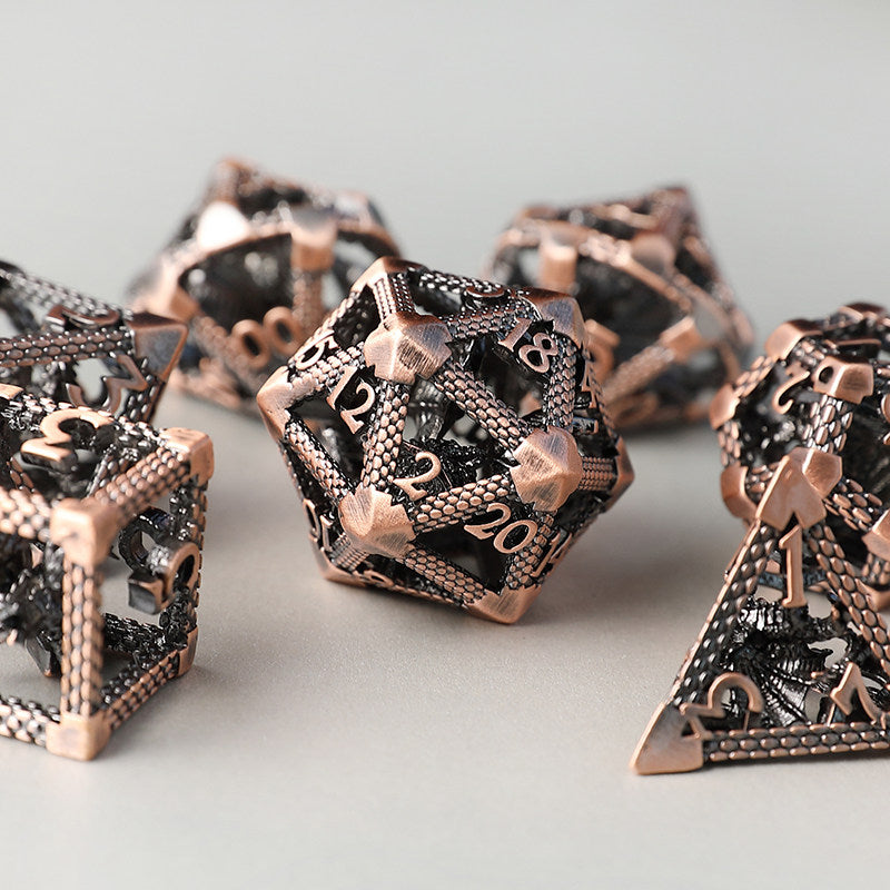 Bronze Hollow 3D Dragon Dice Set – Metal DND Dice for Tabletop RPG