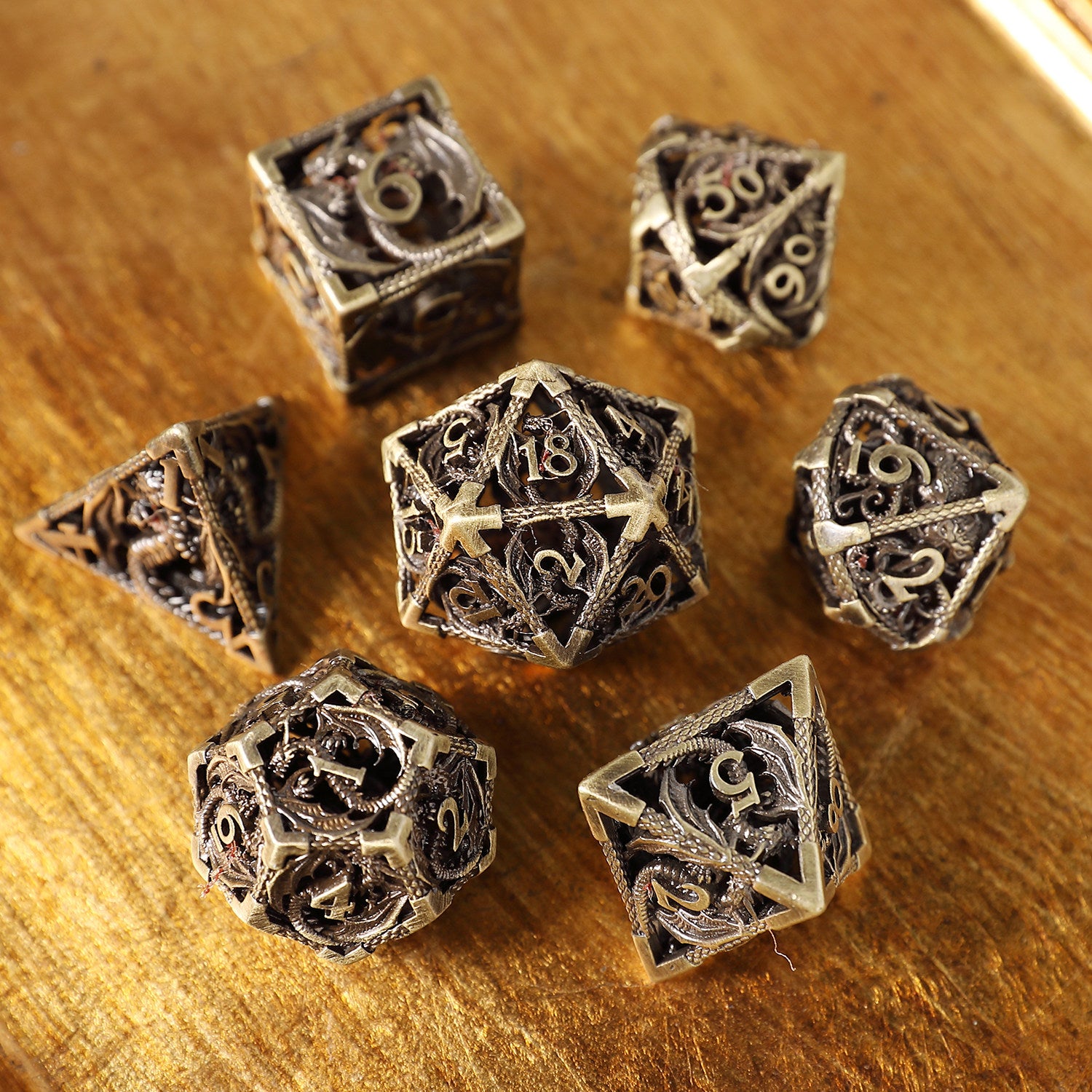 Bronze Hollow 3D Dragon Dice Set – Metal DND Dice for Tabletop RPG