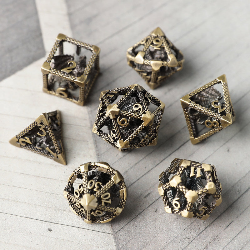 Bronze Hollow 3D Dragon Dice Set – Metal DND Dice for Tabletop RPG