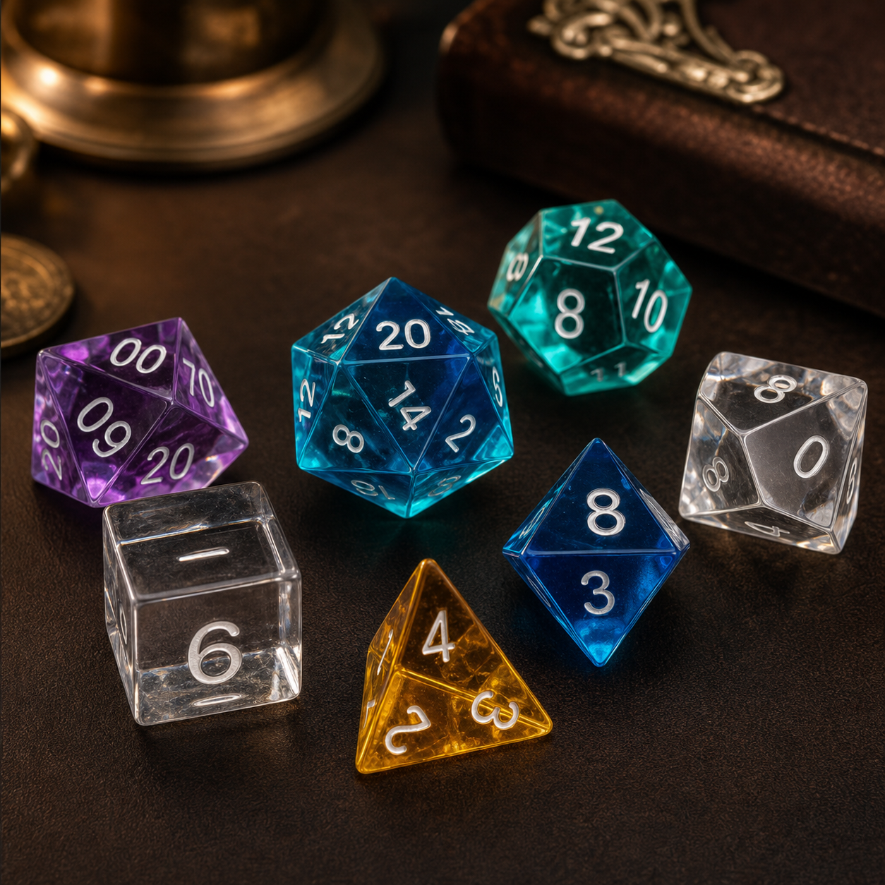 Acrylic RPG dice collection with readable numbered dice
