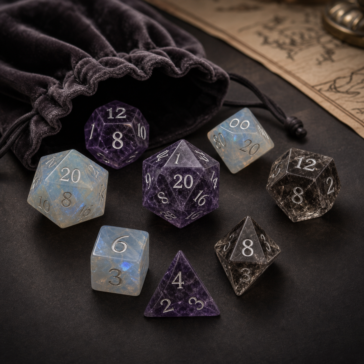 Gemstone RPG dice collection with readable numbered dice