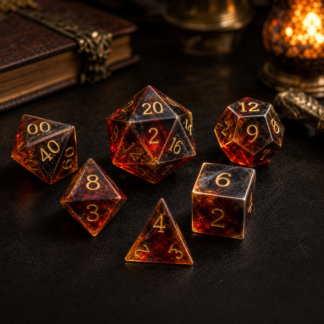Resin RPG dice collection with readable numbered dice