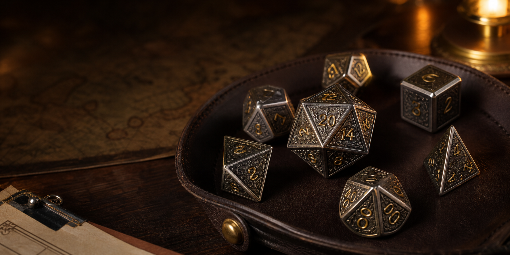 Premium metal RPG dice on a leather dice tray